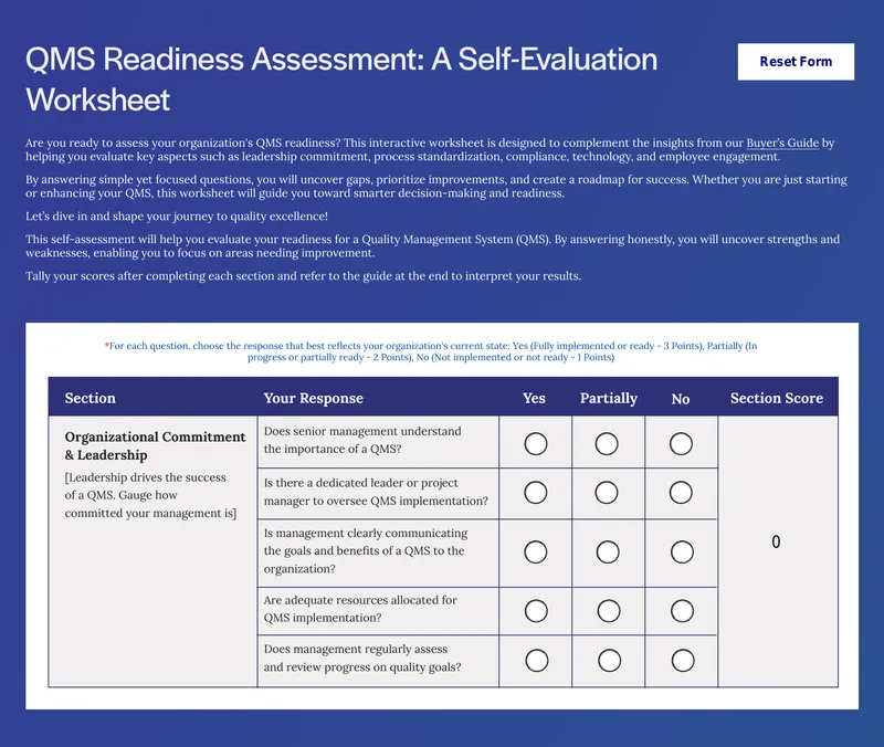 QMS Readiness Assessment Self-Evaluation Worksheet