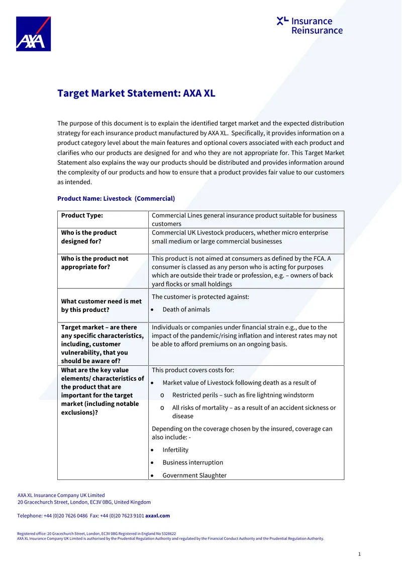 AXA XL Livestock Insurance Target Market Statement