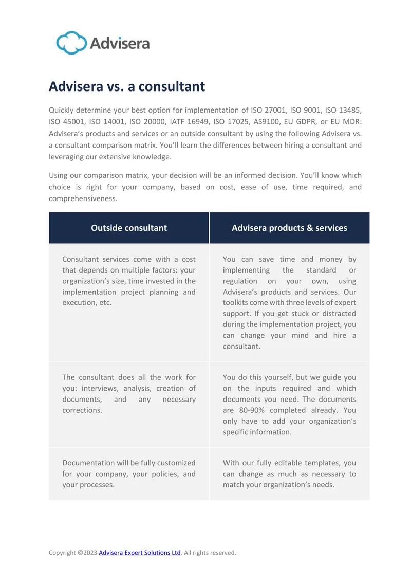 Comparison of Advisera Products and Consultant Services