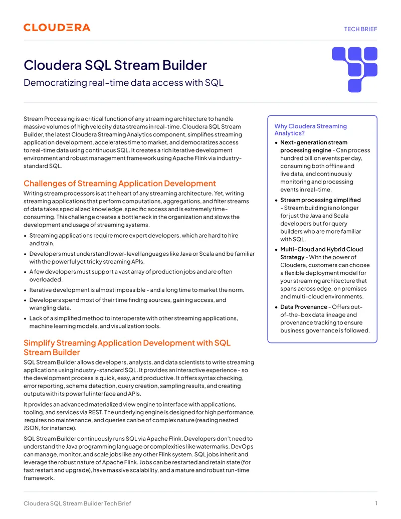 Cloudera SQL Stream Builder Technical Brief