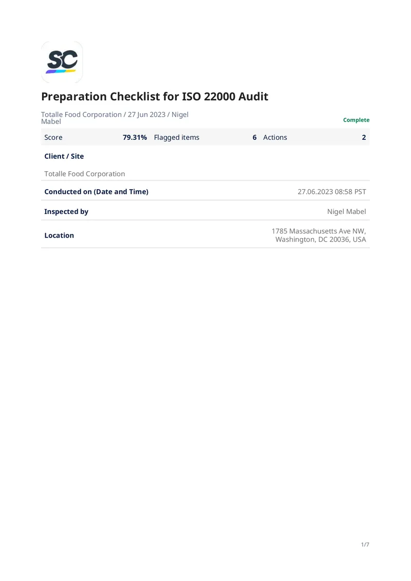 Preparation Checklist for ISO 22000 Audit