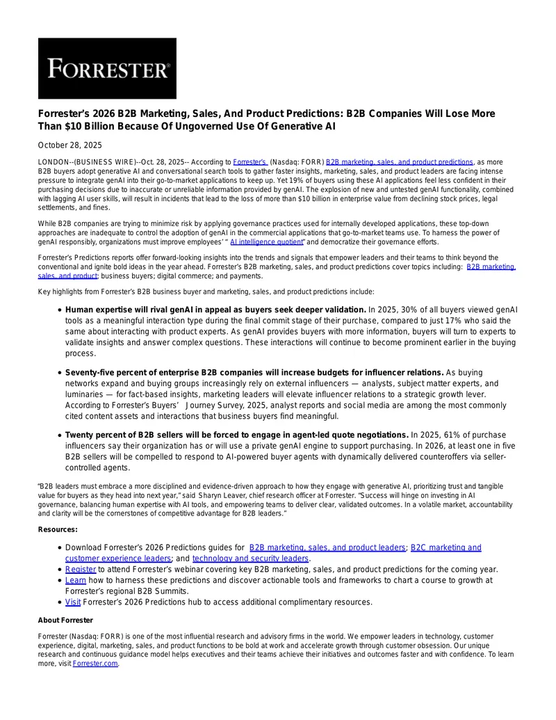 Forrester's 2026 B2B Marketing and Sales Predictions