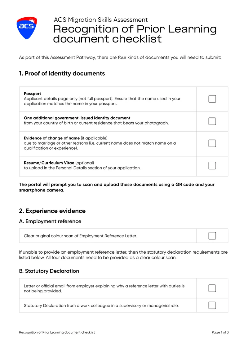Recognition of Prior Learning Document Checklist