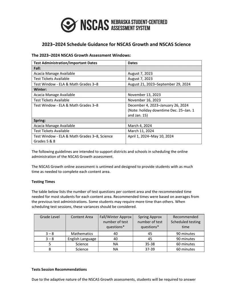 2023–2024 NSCAS Growth Assessment Schedule Guidance