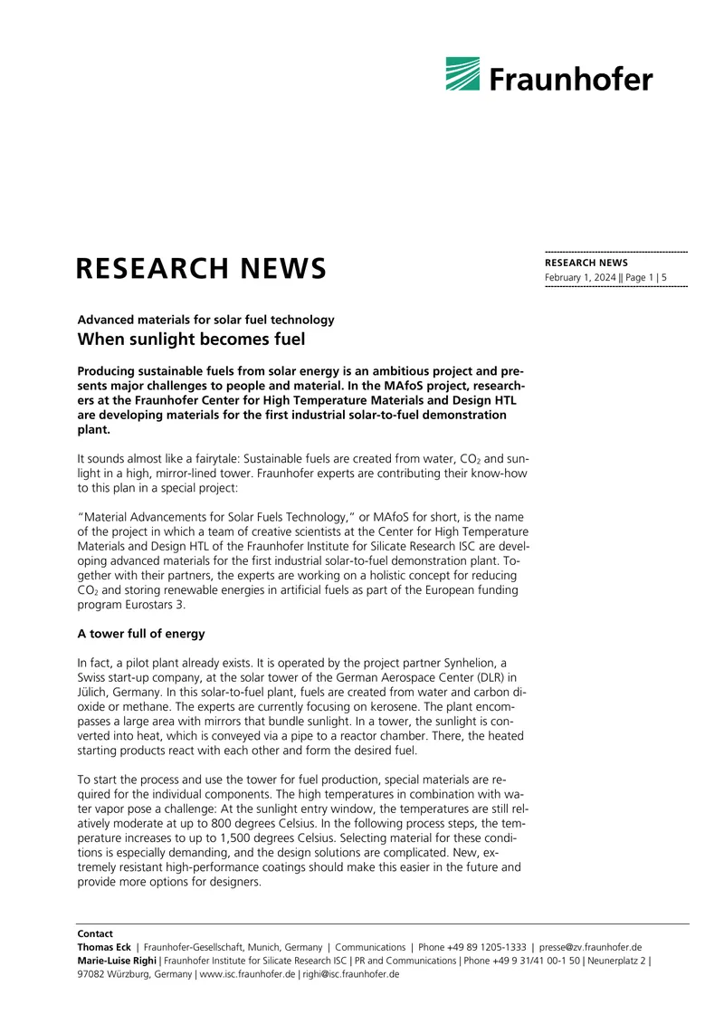 Advanced Materials for Solar Fuel Technology