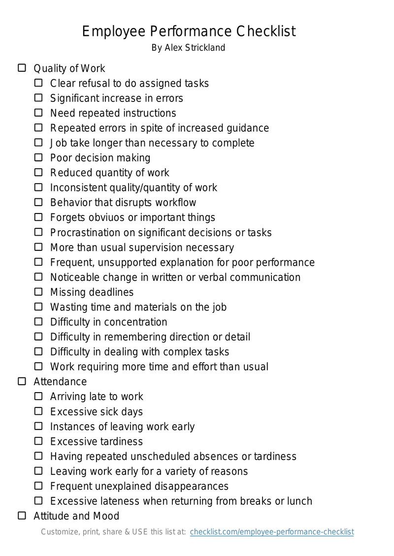 Employee Performance Evaluation Checklist