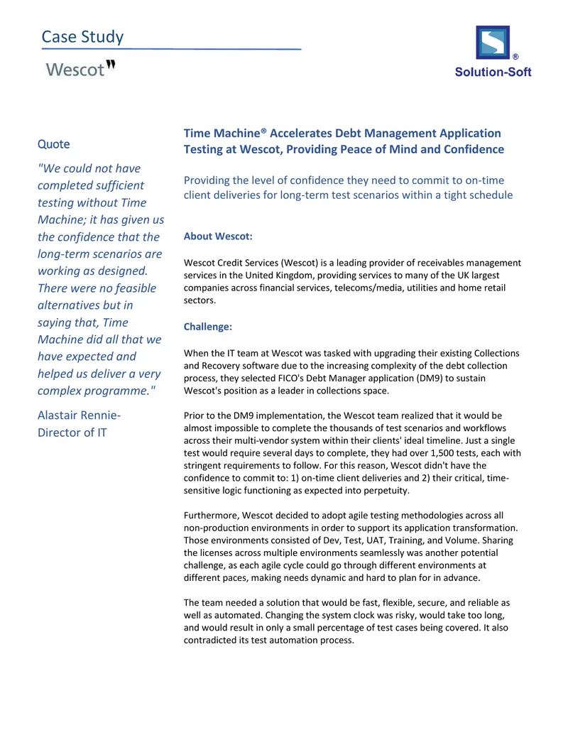 Time Machine Accelerates Debt Management Testing at Wescot