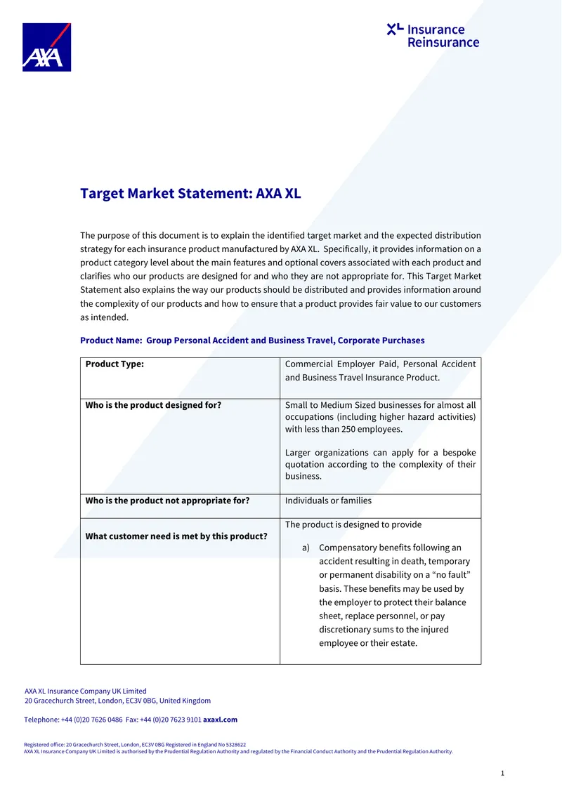 AXA XL Target Market Statement for Insurance Products