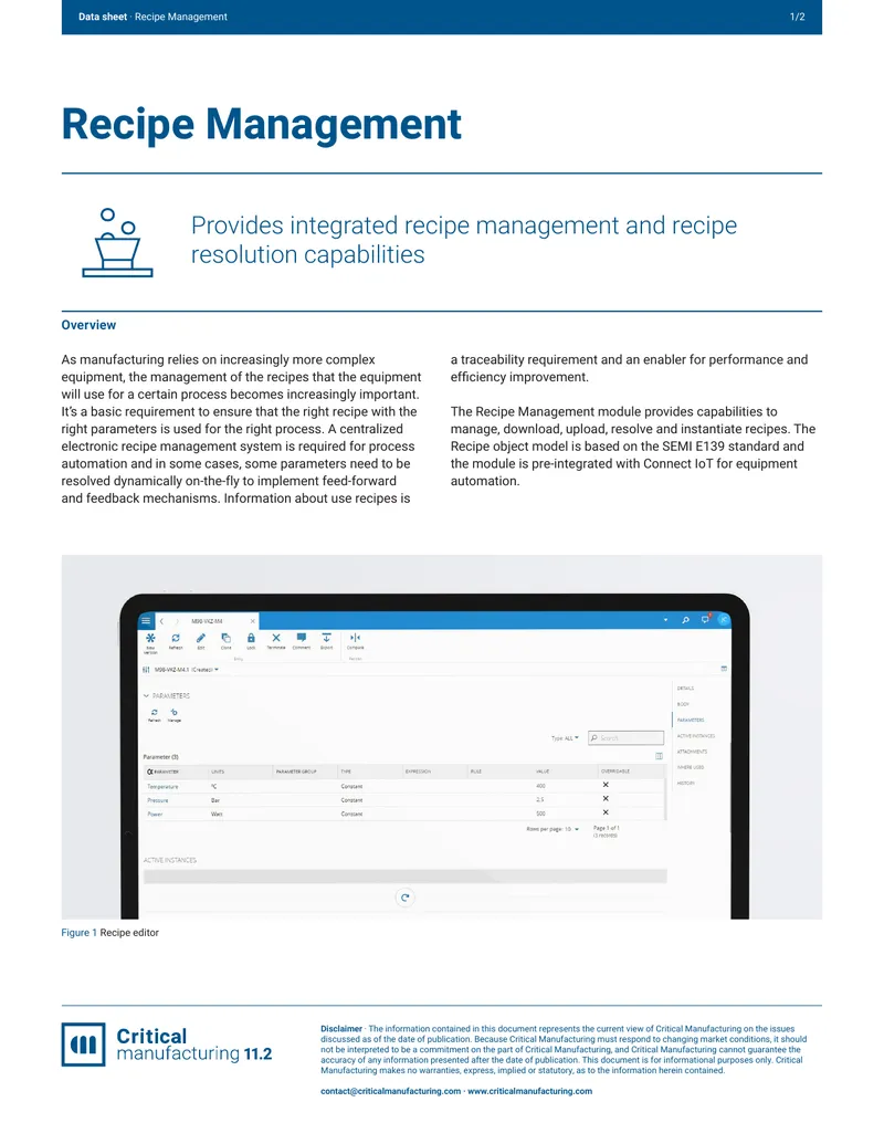Recipe Management Data Sheet