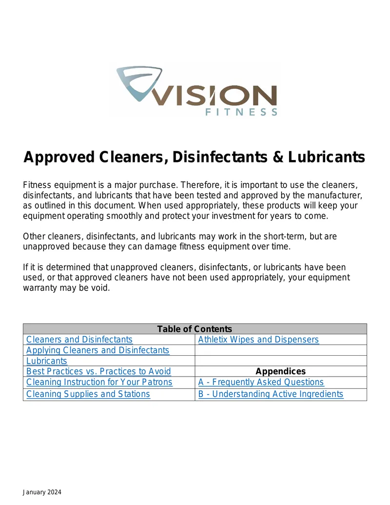 Approved Cleaners, Disinfectants and Lubricants for Fitness Equipment