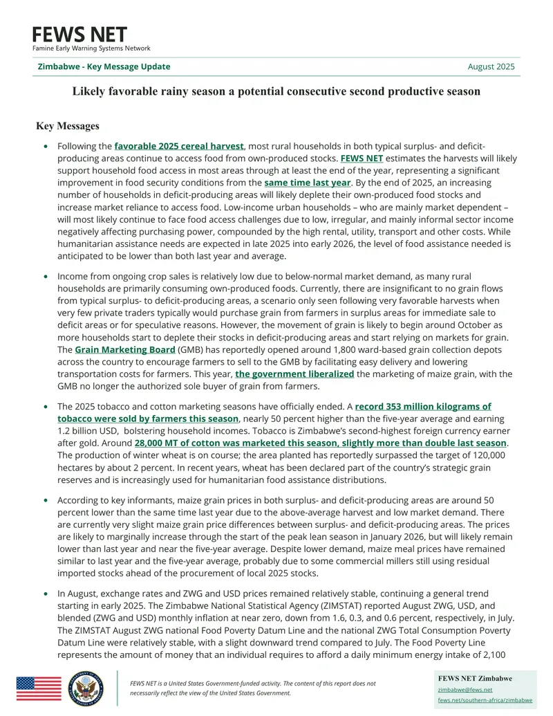 Zimbabwe Key Message Update August 2025