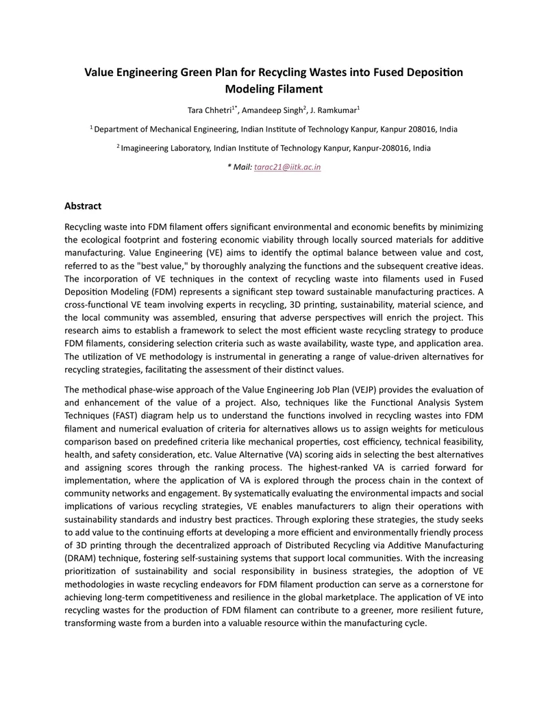 Value Engineering Framework for Recycling Wastes into FDM Filament