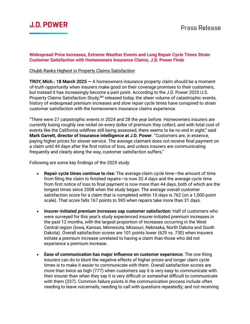 2025 U.S. Property Claims Satisfaction Study Findings