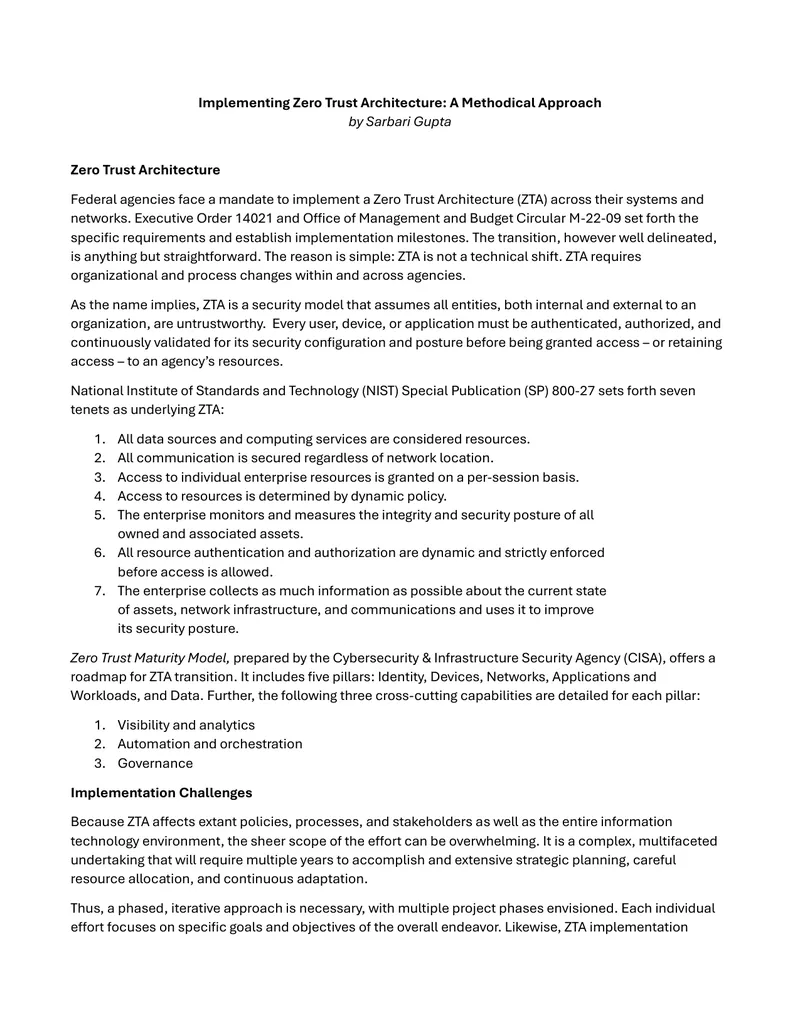 Implementing Zero Trust Architecture Methodology