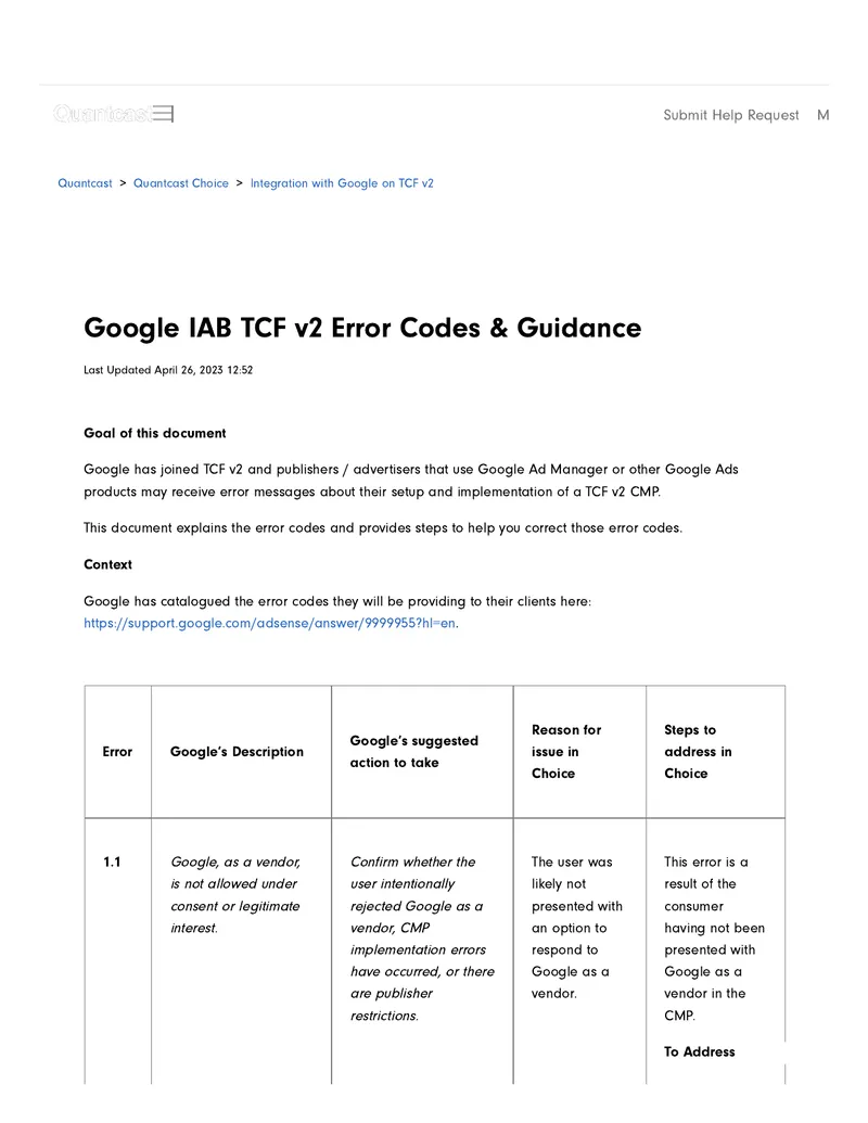Integration with Google on TCF v2 Error Codes
