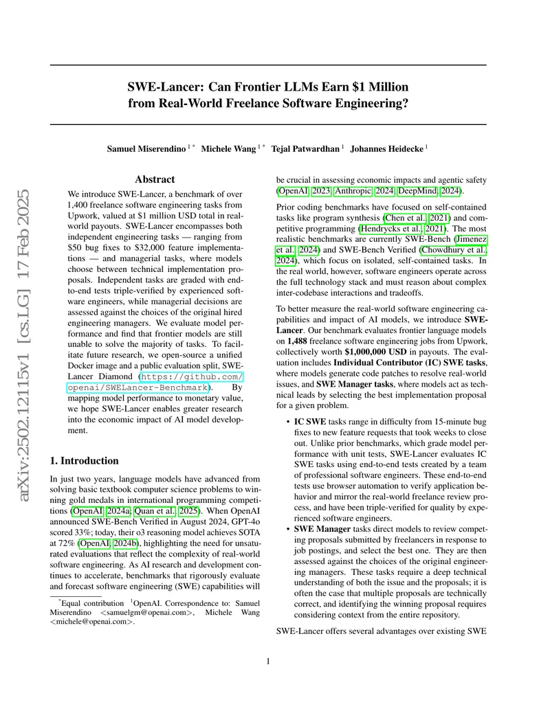 SWE-Lancer Benchmark for Freelance Software Engineering Tasks