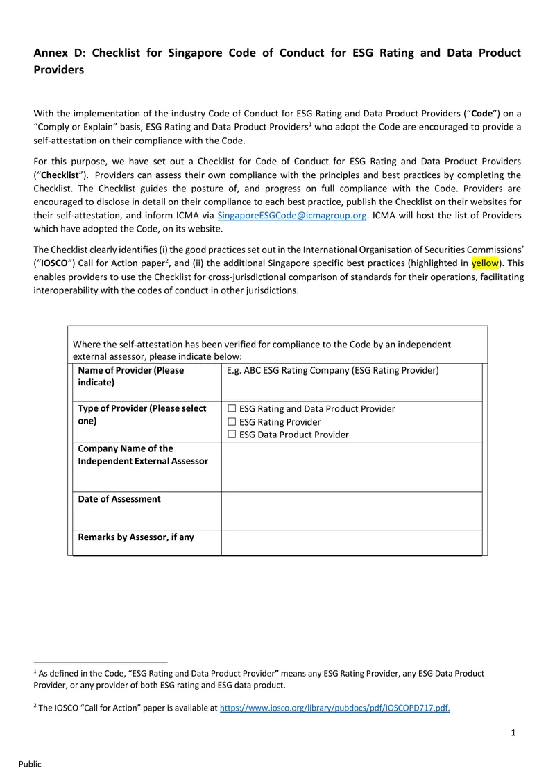 Checklist for Singapore Code of Conduct for ESG Rating Providers