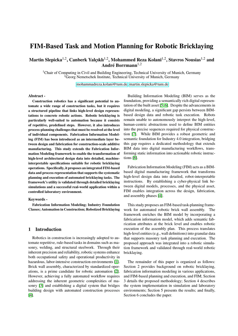 FIM-Based Task and Motion Planning for Robotic Bricklaying