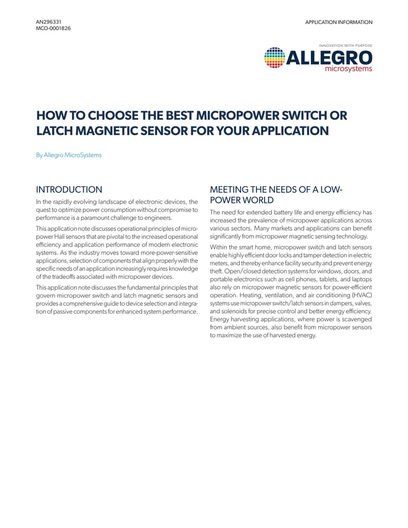 Micropower Switch and Latch Magnetic Sensor Selection Guide