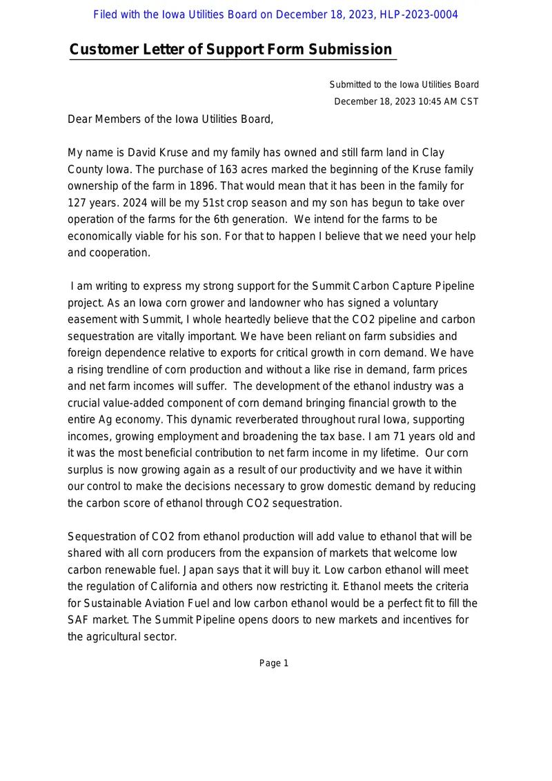 Customer Letter of Support for Carbon Capture Pipeline
