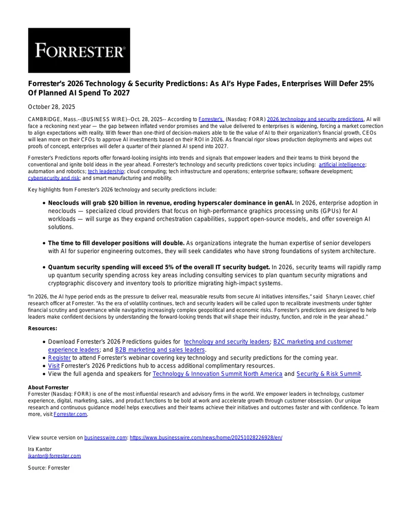 Forrester 2026 Technology and Security Predictions