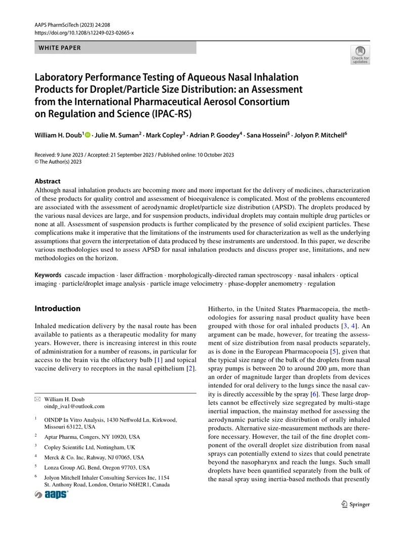 Laboratory Performance Testing of Nasal Inhalation Products