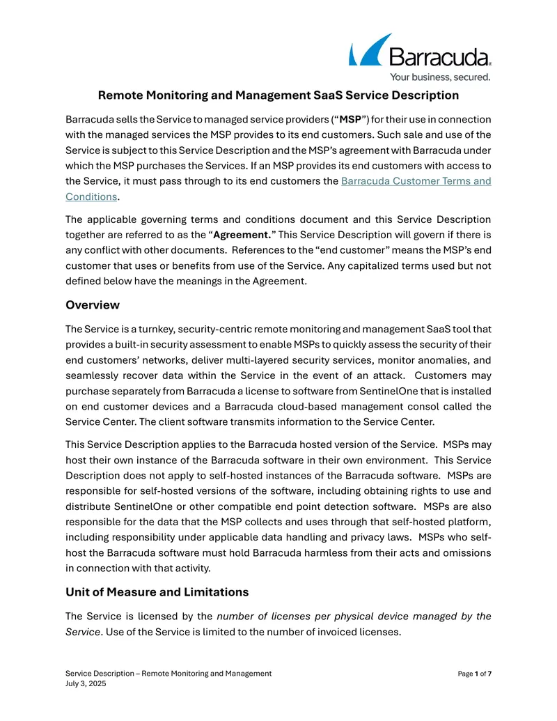 Remote Monitoring and Management Service Description