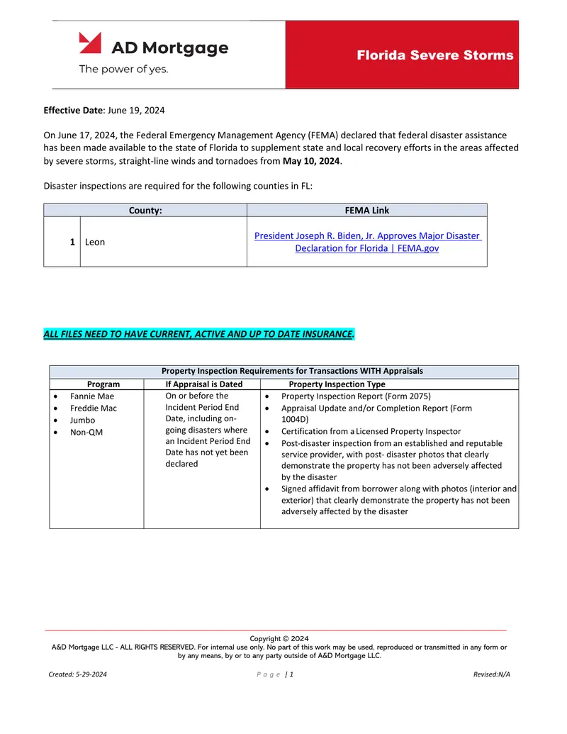Florida Severe Storms Property Inspection Requirements