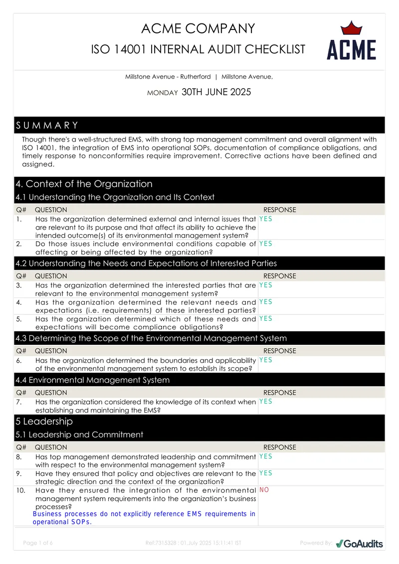 ISO 14001 Internal Audit Checklist