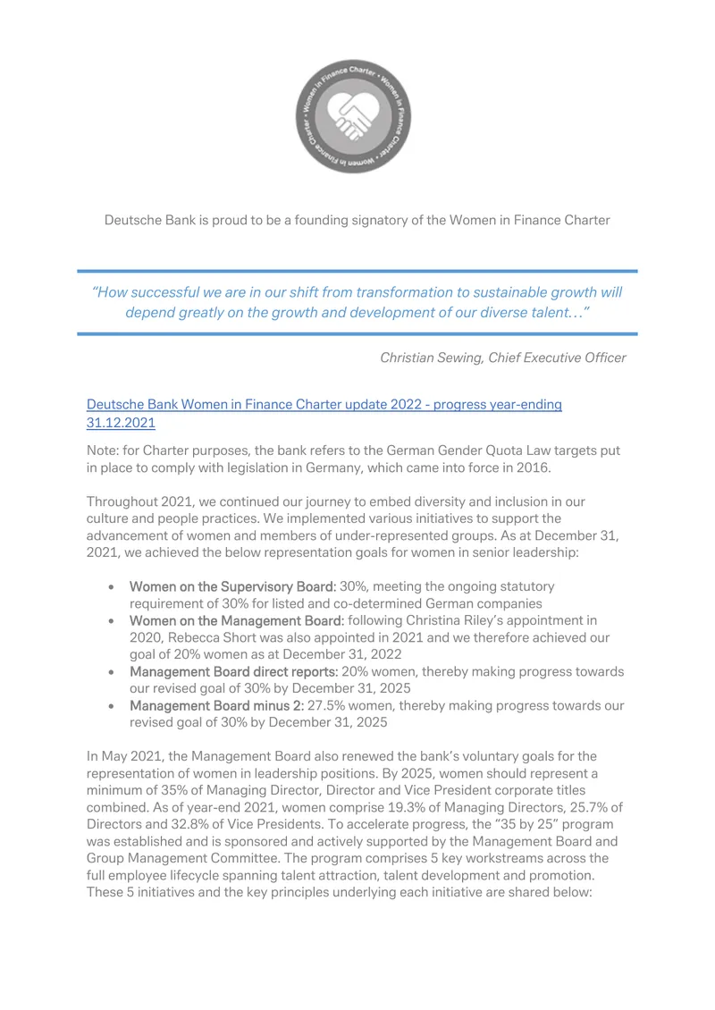 Deutsche Bank Women in Finance Charter Update 2022