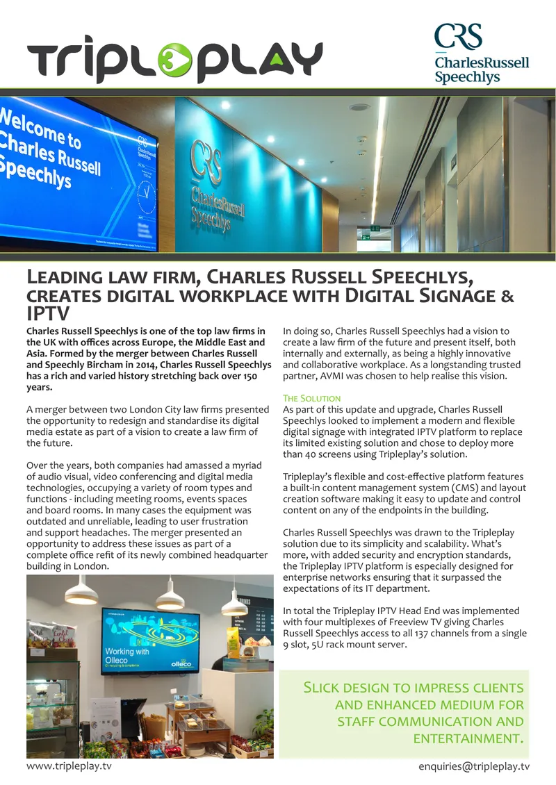 Digital Signage and IPTV Implementation at Charles Russell Speechlys