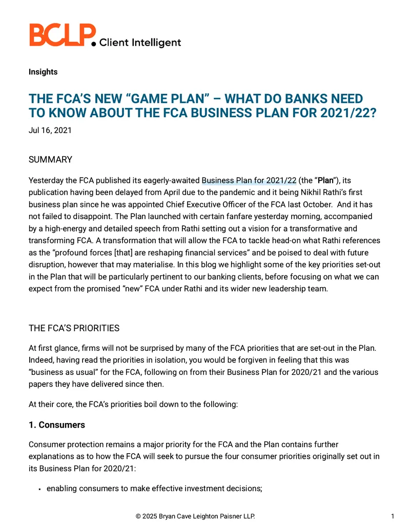 FCA Business Plan for 2021/22 Analysis