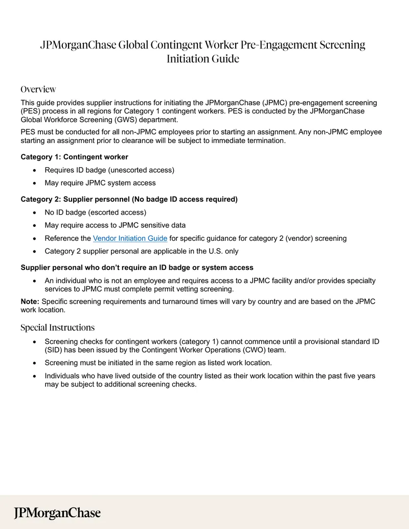 JPMorganChase Pre-Engagement Screening Process Guide