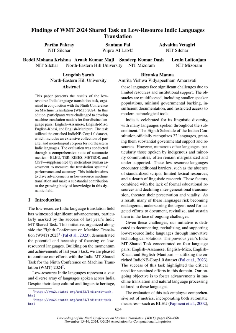 Findings of WMT 2024 Shared Task on Low-Resource Indic Languages Translation