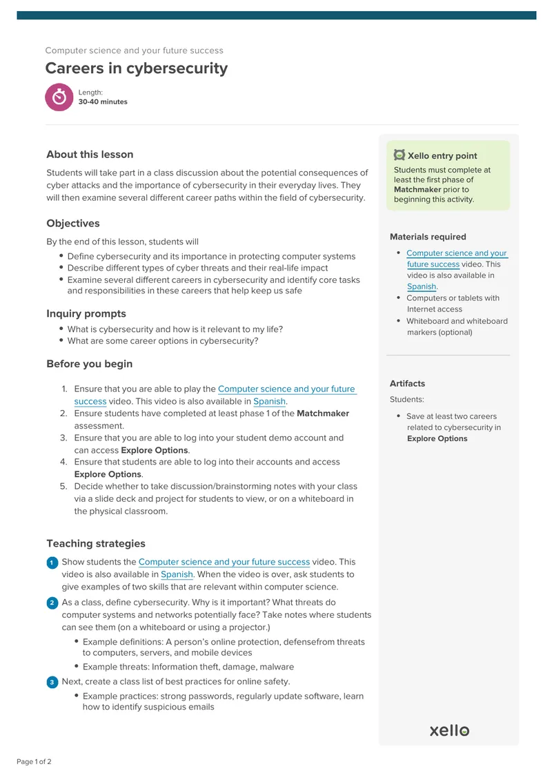 Cybersecurity Career Exploration Lesson Plan