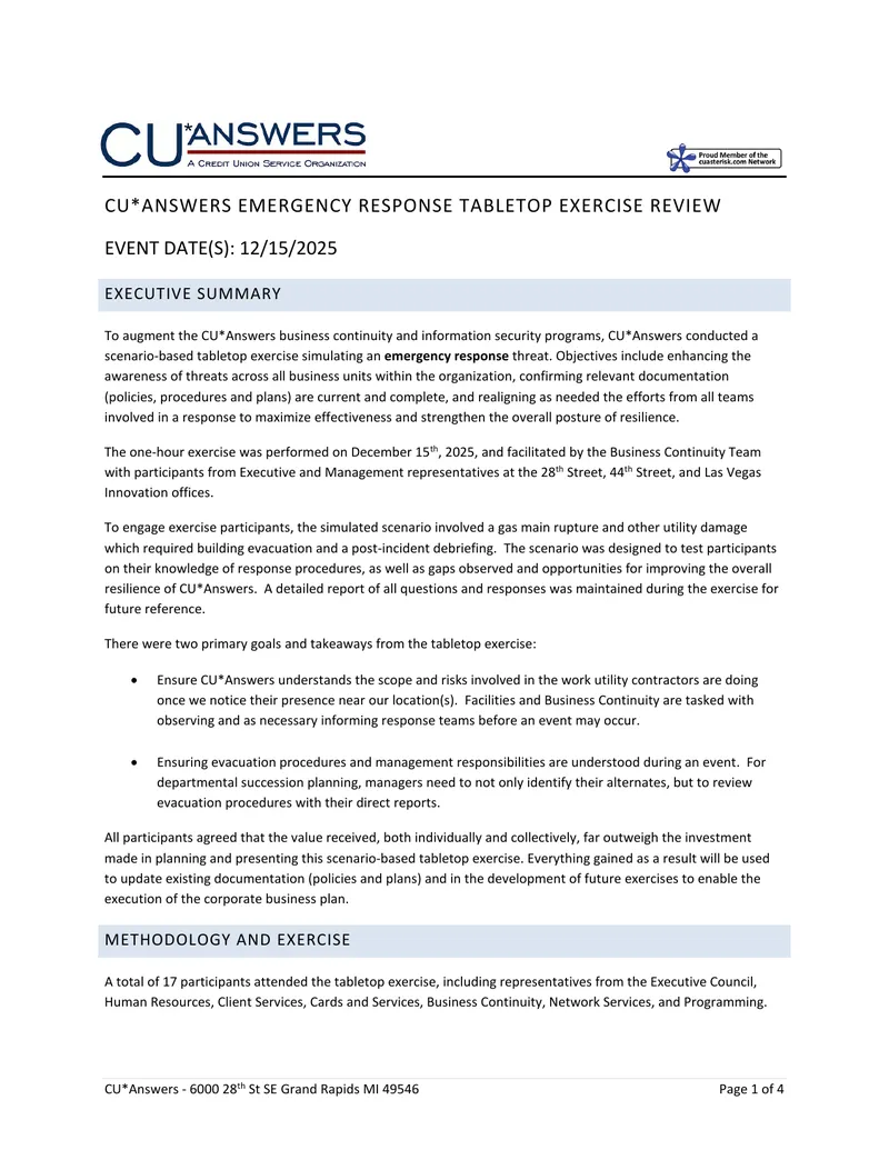 CU*Answers Emergency Response Tabletop Exercise Review