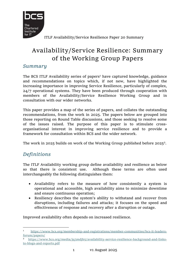 ITLF Availability and Service Resilience Summary