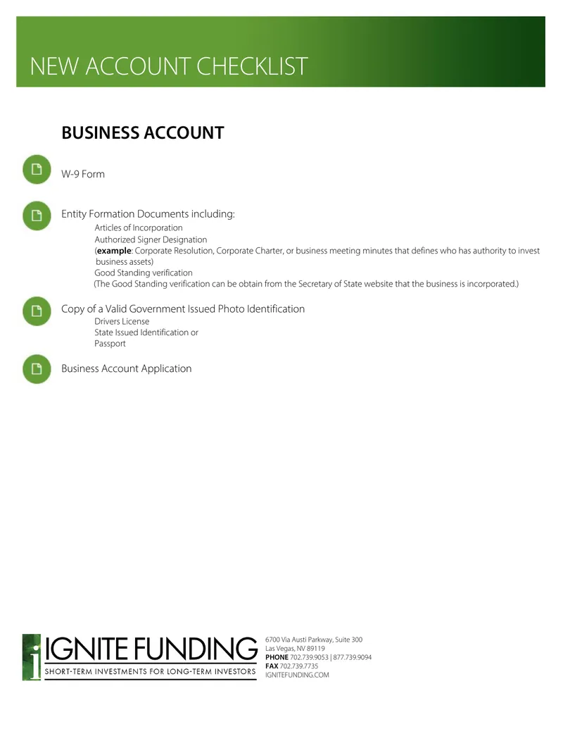 New Account Checklist for Business Accounts
