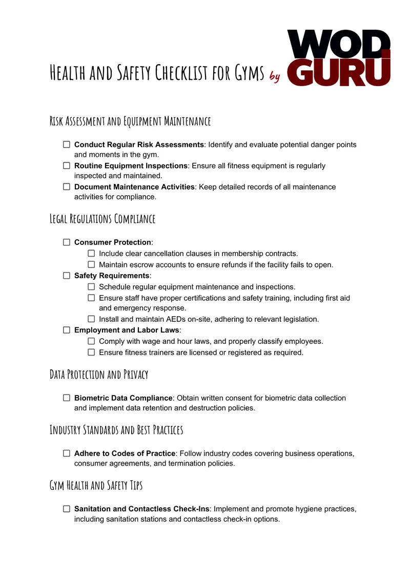 Health and Safety Checklist for Gyms