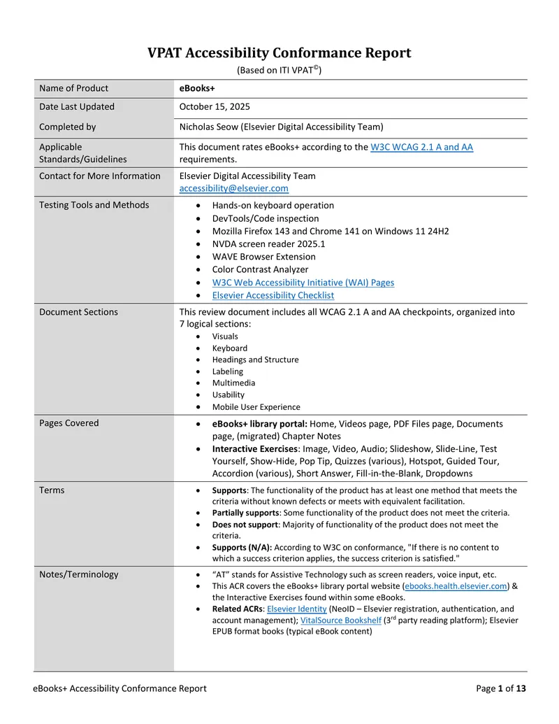 eBooks+ Accessibility Conformance Report