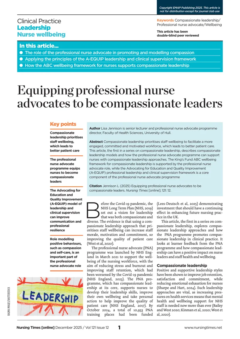 Equipping Professional Nurse Advocates for Compassionate Leadership