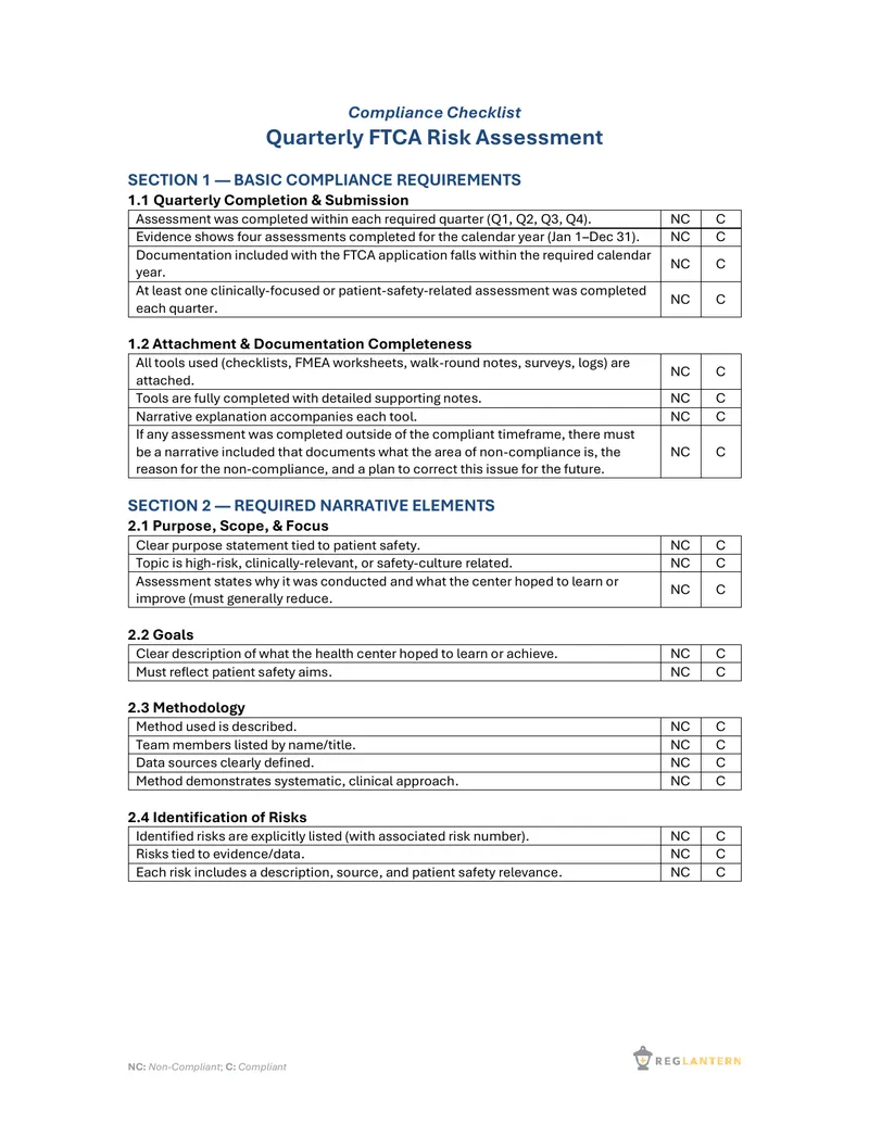 Quarterly FTCA Risk Assessment Compliance Checklist