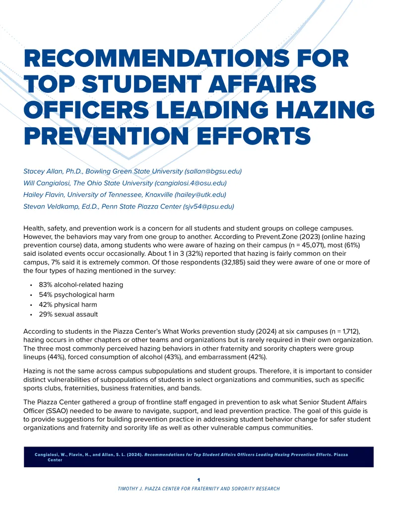 Recommendations for Student Affairs Officers on Hazing Prevention