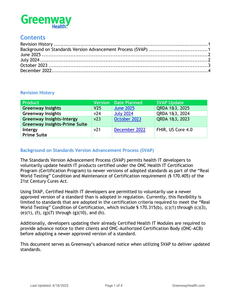 Greenway Health Standards Version Advancement Process