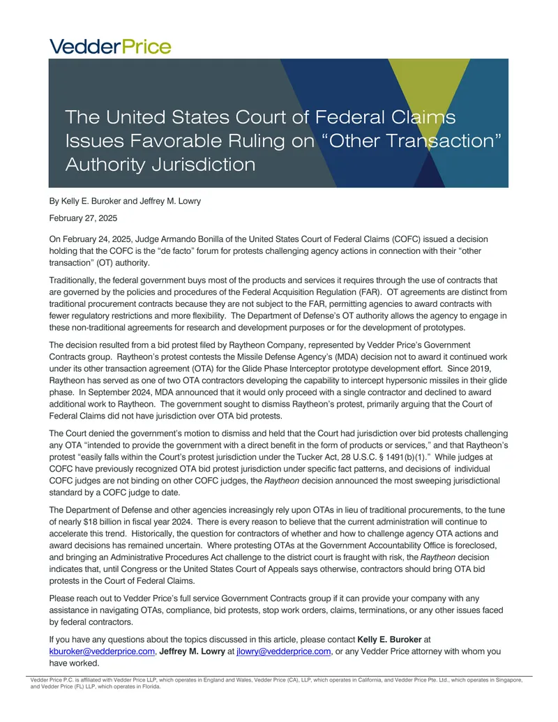 Court Decision on Other Transaction Authority Jurisdiction