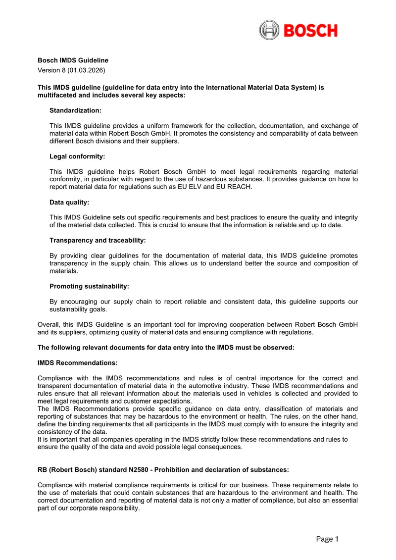 Bosch IMDS Guideline Version 8 Overview