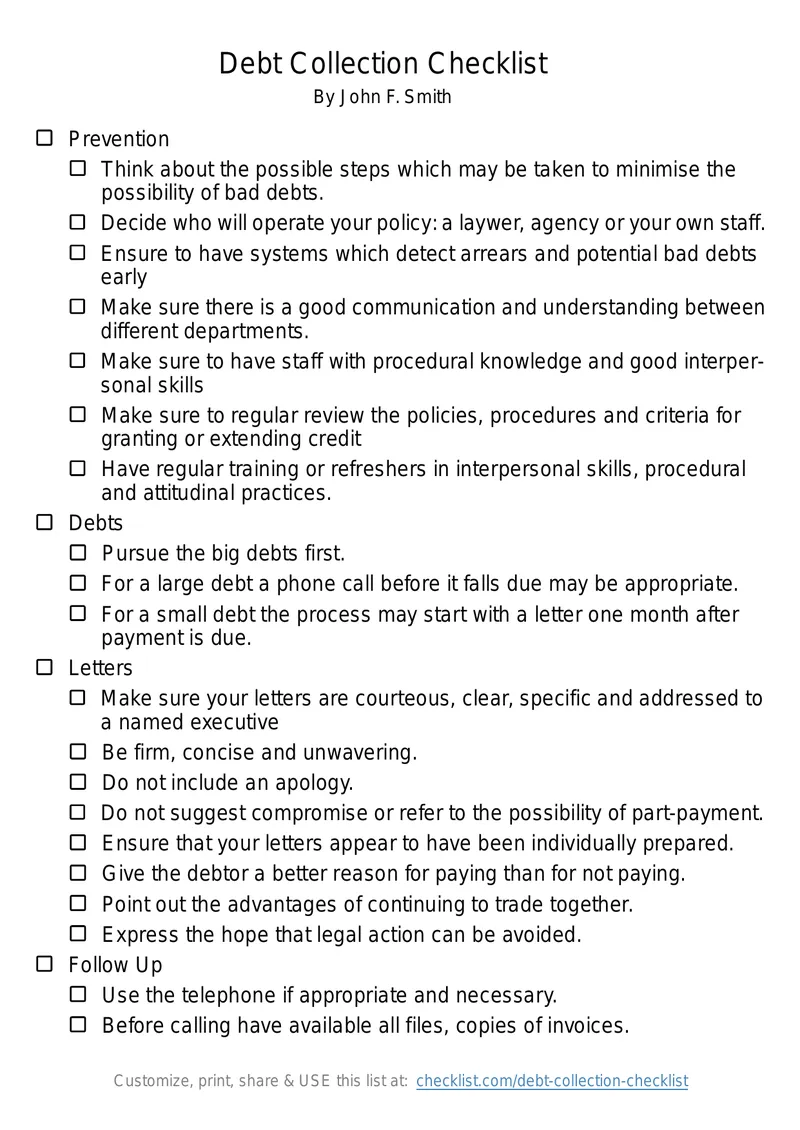 Debt Collection Process Checklist
