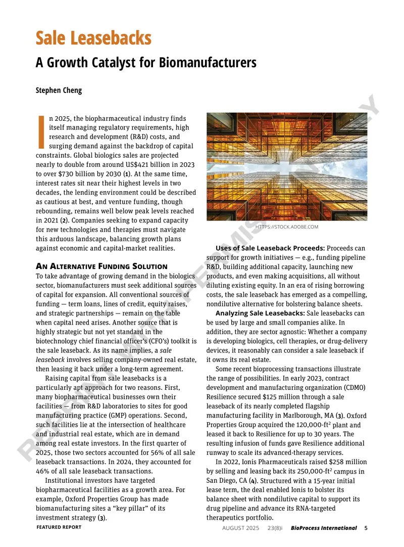 Sale Leasebacks as a Funding Strategy for Biomanufacturers