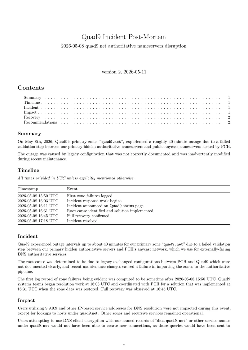 Quad9 Incident Post-Mortem Report