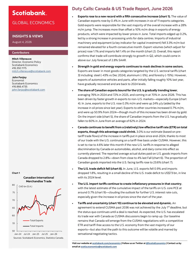 Canada and US Trade Report for June 2026